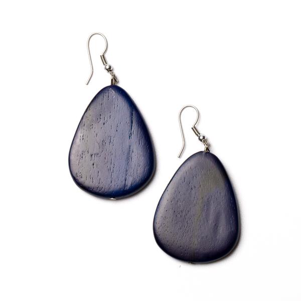 Dark Blue Oval Wooden Earrings - chiangmaicctv slow fashion bryn walker linen Hamilton sustainable fashion gifts sari not sari Hamilton Fair trade  Ethical  Artisan made  Zero waste  Up-cycled Slow Fashion  Handmade  GTA Toronto Copper Pure Upcycled vintage silk handmade recycled recycle copper pure silk travel clothing hamilton vacation cruisewear resortwear bathing suit bathingsuit vacation etsy silk clothing gifts gift dress top pants linen bryn walker alive intentions kaarigar elephants