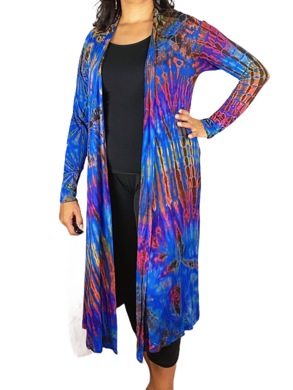 Cobalt Blue Rainbow Long Tie Dye Cardigan - chiangmaicctv slow fashion bryn walker linen Hamilton sustainable fashion gifts sari not sari Hamilton Fair trade  Ethical  Artisan made  Zero waste  Up-cycled Slow Fashion  Handmade  GTA Toronto Copper Pure Upcycled vintage silk handmade recycled recycle copper pure silk travel clothing hamilton vacation cruisewear resortwear bathing suit bathingsuit vacation etsy silk clothing gifts gift dress top pants linen bryn walker alive intentions kaarigar elephants