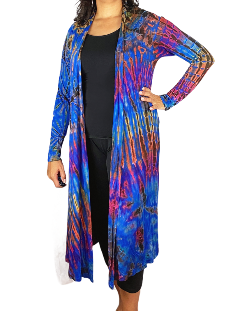 Cobalt Blue Rainbow Long Tie Dye Cardigan - chiangmaicctv slow fashion bryn walker linen Hamilton sustainable fashion gifts sari not sari Hamilton Fair trade  Ethical  Artisan made  Zero waste  Up-cycled Slow Fashion  Handmade  GTA Toronto Copper Pure Upcycled vintage silk handmade recycled recycle copper pure silk travel clothing hamilton vacation cruisewear resortwear bathing suit bathingsuit vacation etsy silk clothing gifts gift dress top pants linen bryn walker alive intentions kaarigar elephants