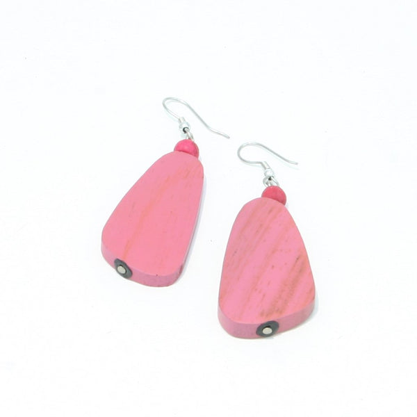 Pink Oblong Wooden Earrings - chiangmaicctv slow fashion bryn walker linen Hamilton sustainable fashion gifts sari not sari Hamilton Fair trade  Ethical  Artisan made  Zero waste  Up-cycled Slow Fashion  Handmade  GTA Toronto Copper Pure Upcycled vintage silk handmade recycled recycle copper pure silk travel clothing hamilton vacation cruisewear resortwear bathing suit bathingsuit vacation etsy silk clothing gifts gift dress top pants linen bryn walker alive intentions kaarigar elephants