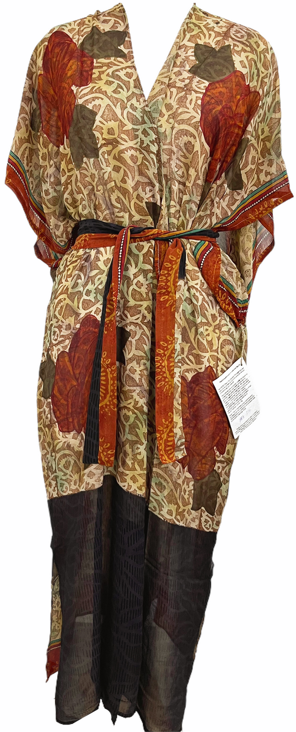 Rathika Sheer Long Pure Silk Kimono-Sleeved Duster with Belt