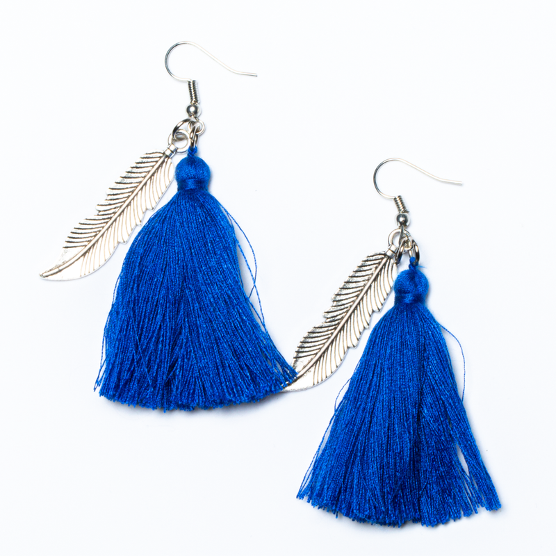 Cobalt Blue Tassel with Leaf Charm Earrings - chiangmaicctv slow fashion bryn walker linen Hamilton sustainable fashion gifts sari not sari Hamilton Fair trade  Ethical  Artisan made  Zero waste  Up-cycled Slow Fashion  Handmade  GTA Toronto Copper Pure Upcycled vintage silk handmade recycled recycle copper pure silk travel clothing hamilton vacation cruisewear resortwear bathing suit bathingsuit vacation etsy silk clothing gifts gift dress top pants linen bryn walker alive intentions kaarigar elephants