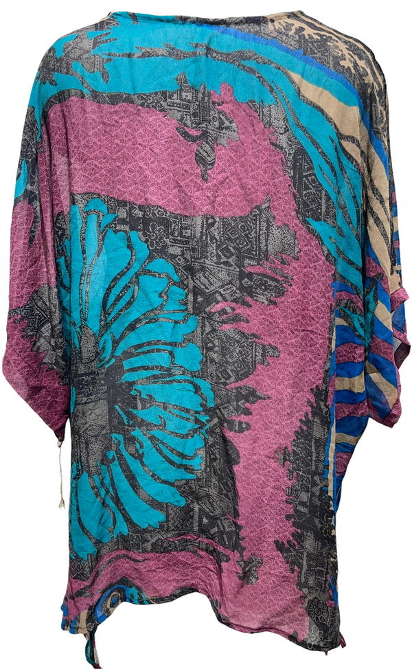 PRG2128 Growling Riflebird Sheer Pure Silk Long Tunic with Side Ties