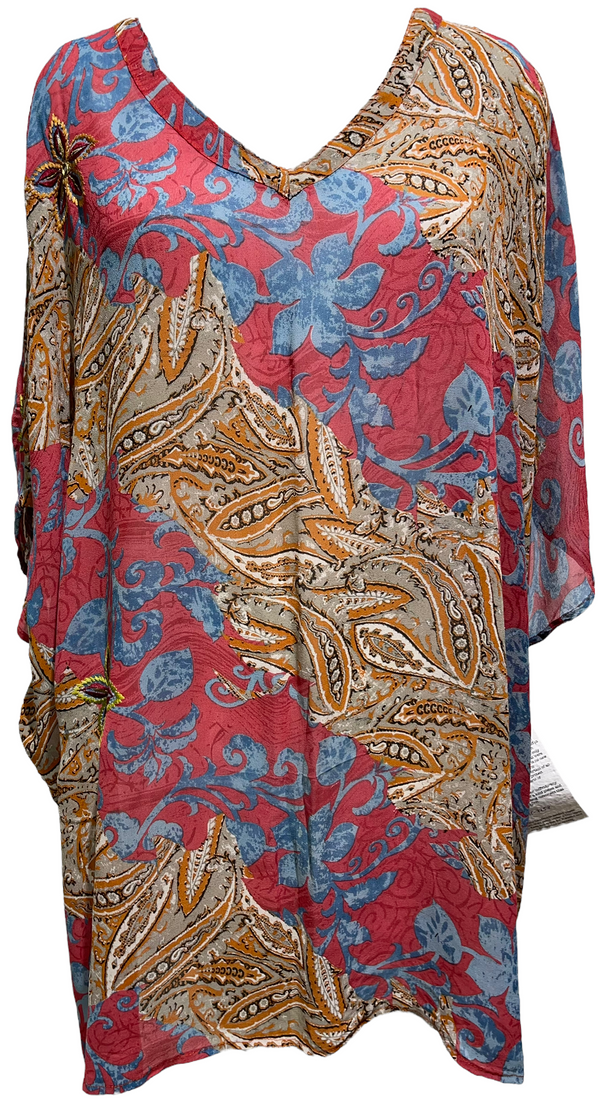 PRC2252 Genovesa Cactus Finch Pure Silk Short Kaftan Tunic