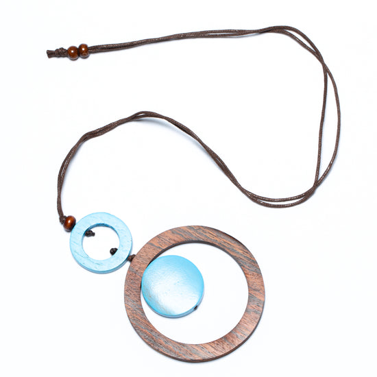 Blue Wooden Ring and Disc Necklace - chiangmaicctv slow fashion bryn walker linen Hamilton sustainable fashion gifts sari not sari Hamilton Fair trade  Ethical  Artisan made  Zero waste  Up-cycled Slow Fashion  Handmade  GTA Toronto Copper Pure Upcycled vintage silk handmade recycled recycle copper pure silk travel clothing hamilton vacation cruisewear resortwear bathing suit bathingsuit vacation etsy silk clothing gifts gift dress top pants linen bryn walker alive intentions kaarigar elephants