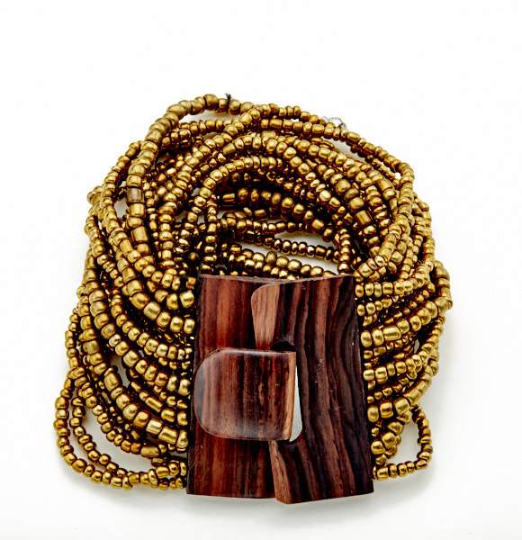 Bronze Multi-Strand Beaded Bracelet with Wooden Clasp