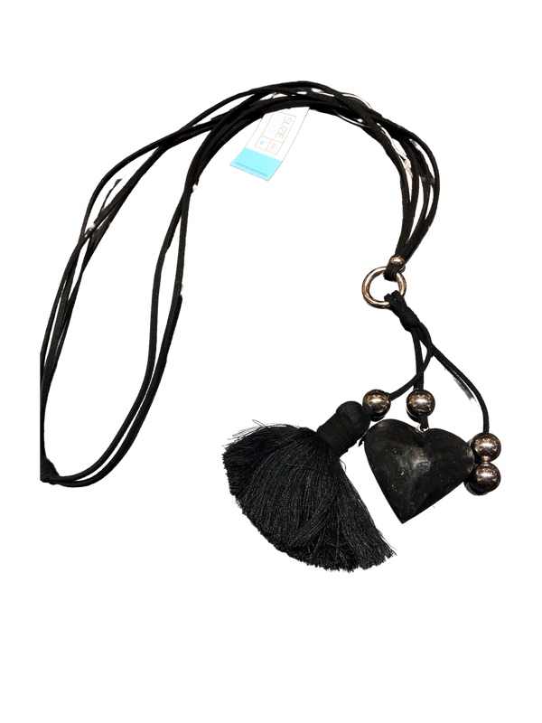 Black Long Wooden Heart with Tassels Necklace on Suede