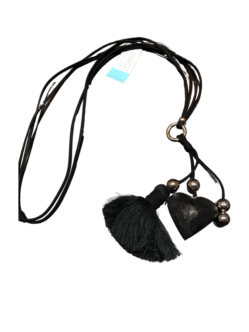 Black Long Wooden Heart with Tassels Necklace on Suede