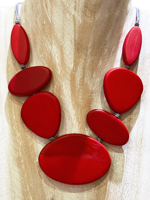 Red Mixed Shape Adjustable Wooden Necklace - chiangmaicctv slow fashion bryn walker linen Hamilton sustainable fashion gifts sari not sari Hamilton Fair trade  Ethical  Artisan made  Zero waste  Up-cycled Slow Fashion  Handmade  GTA Toronto Copper Pure Upcycled vintage silk handmade recycled recycle copper pure silk travel clothing hamilton vacation cruisewear resortwear bathing suit bathingsuit vacation etsy silk clothing gifts gift dress top pants linen bryn walker alive intentions kaarigar elephants
