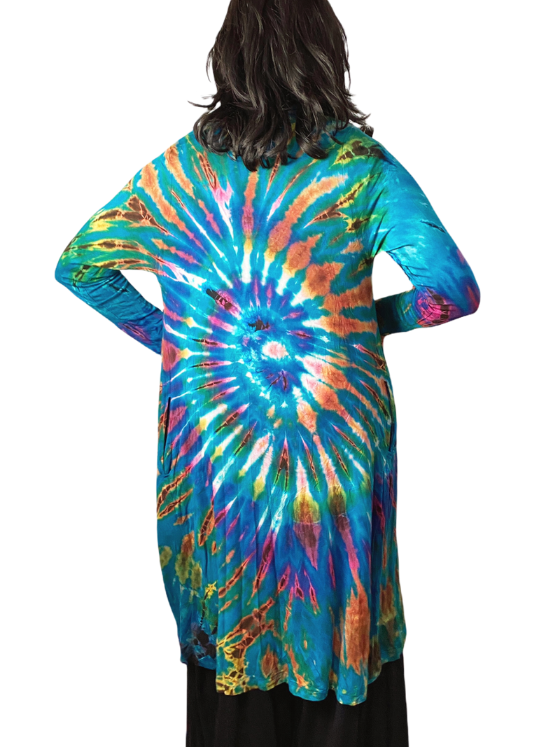 Turquoise Rainbow Long Tie Dye Cardigan - chiangmaicctv slow fashion bryn walker linen Hamilton sustainable fashion gifts sari not sari Hamilton Fair trade  Ethical  Artisan made  Zero waste  Up-cycled Slow Fashion  Handmade  GTA Toronto Copper Pure Upcycled vintage silk handmade recycled recycle copper pure silk travel clothing hamilton vacation cruisewear resortwear bathing suit bathingsuit vacation etsy silk clothing gifts gift dress top pants linen bryn walker alive intentions kaarigar elephants