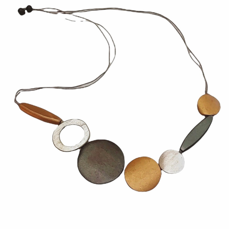 Silver Gold and Gray Mixed Shape Adjustable Wooden Necklace