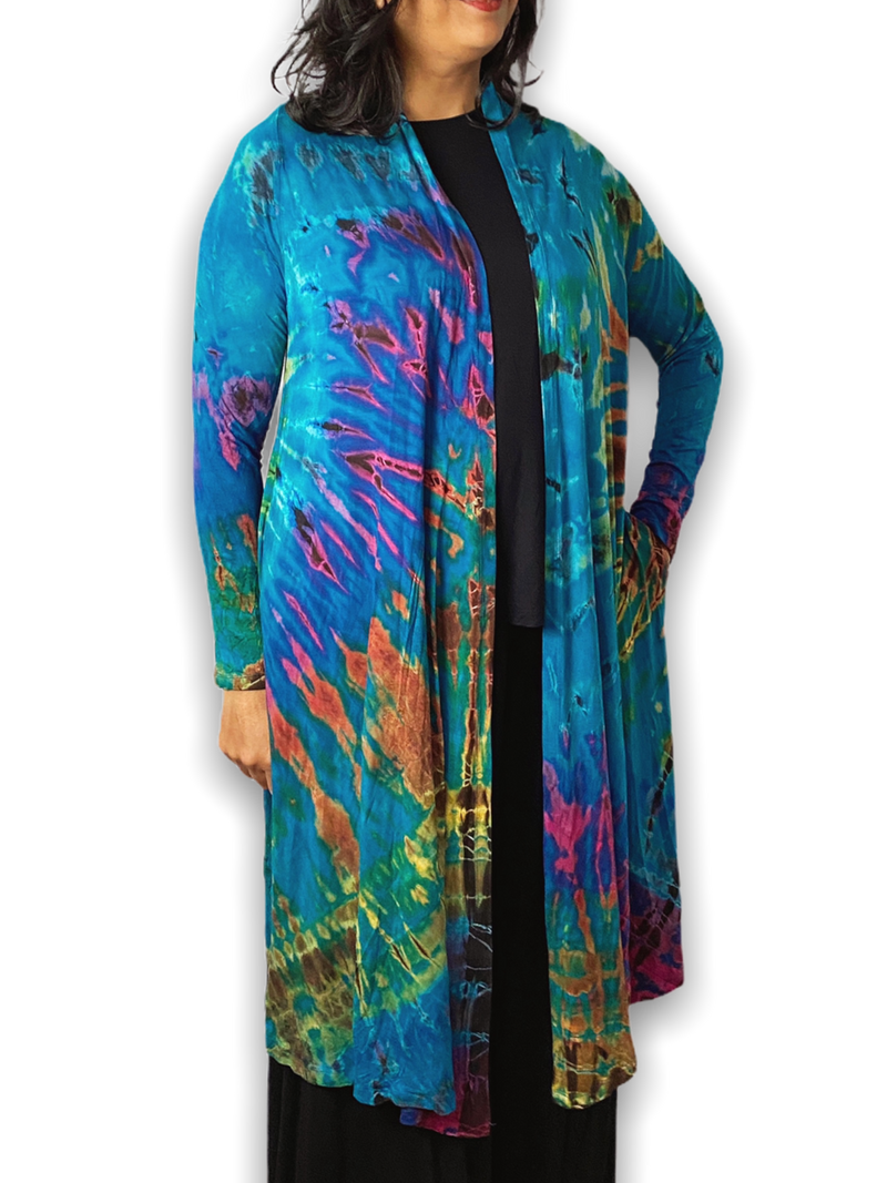 Turquoise Rainbow Long Tie Dye Cardigan - chiangmaicctv slow fashion bryn walker linen Hamilton sustainable fashion gifts sari not sari Hamilton Fair trade  Ethical  Artisan made  Zero waste  Up-cycled Slow Fashion  Handmade  GTA Toronto Copper Pure Upcycled vintage silk handmade recycled recycle copper pure silk travel clothing hamilton vacation cruisewear resortwear bathing suit bathingsuit vacation etsy silk clothing gifts gift dress top pants linen bryn walker alive intentions kaarigar elephants