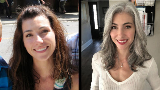 Photo of woman before and after growing out gray hair