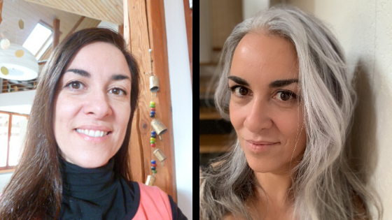 Photo of woman before and after growing out gray hair