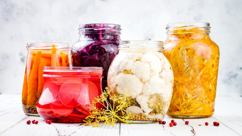 Fermented-foods-sauerkraut-healthy-bacteria-pickled-probiotics-natural-kefir-kombucha