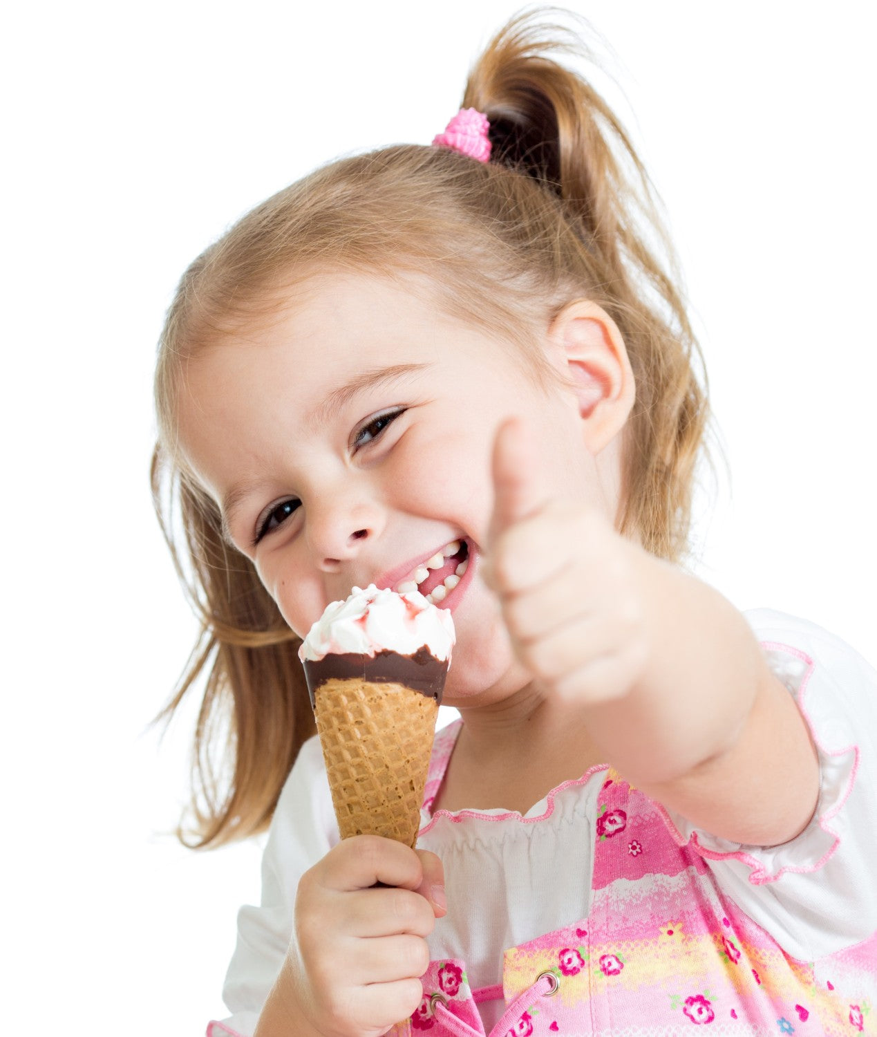 happy girl eating an ice cream treat and giving a thumbs up