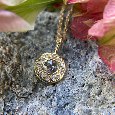 Simple Circle Necklace with large rosecut center diamond and 12 surrounding diamonds