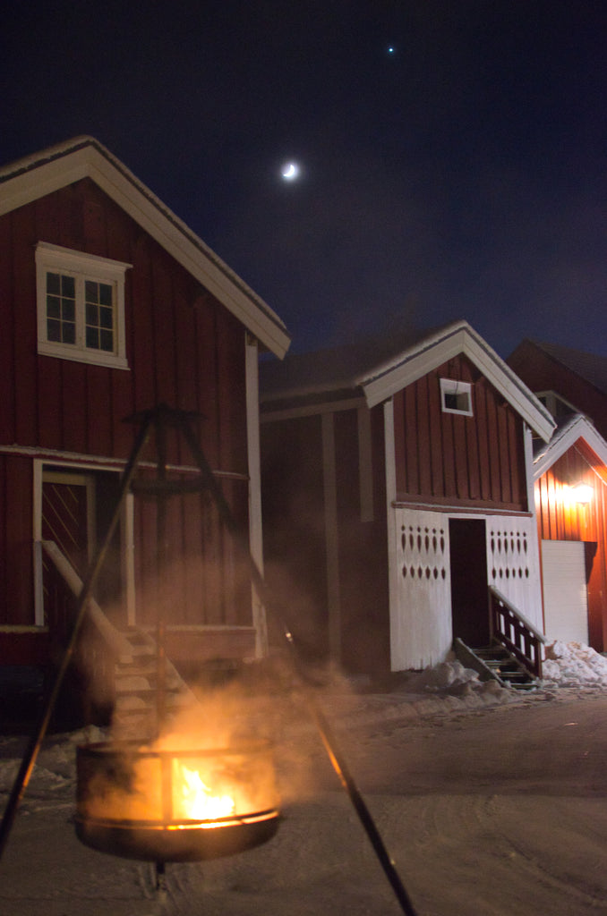 Fire at night, with the moon and venus