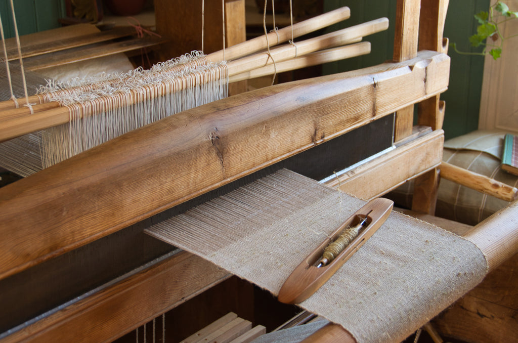 Large floor loom, weaving flax and wool