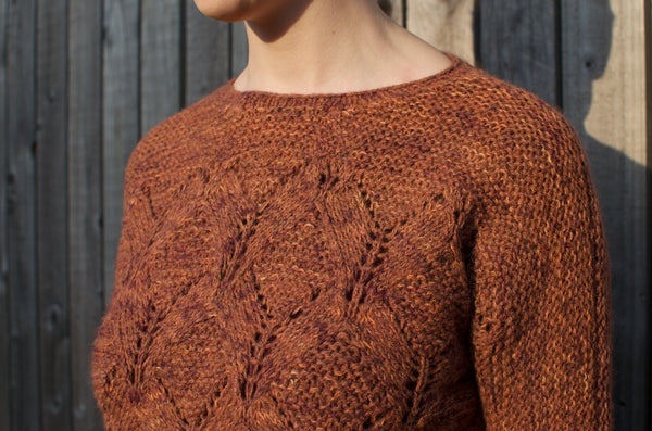 Neckline close-up of Marina Skua Rhombille jumper