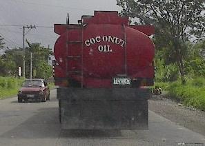 Photo of a truck carrying refined coconut oil in the Philippines.