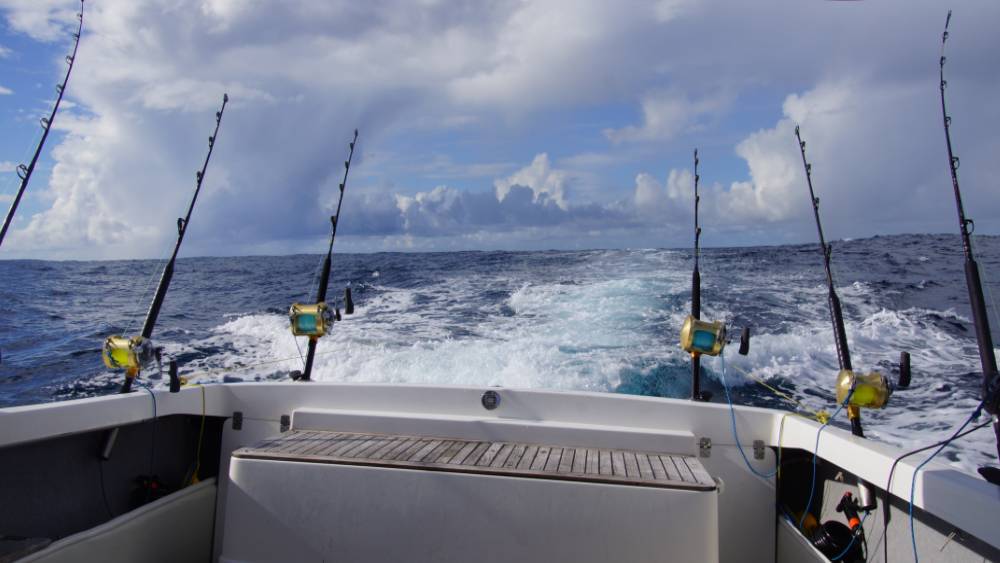 Six fishing rods set for a eight lure trolling spread.