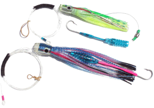 Rigged deepsea scented trolling lures.