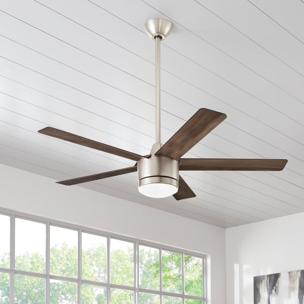 Modern 52 In Led Brushed Nickel Ceiling Fan With Light Kit And Remote Control