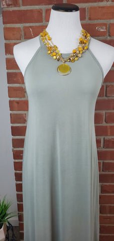Sage Halter Maxi Dress with and Signature NYC Yellow Gold Necklace