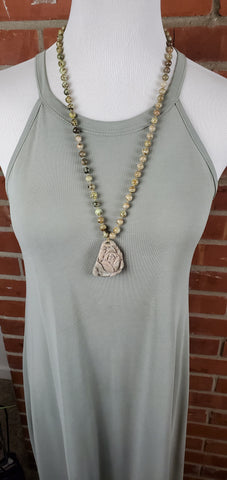 Sage Halter Maxi Dress with Shades of Green Stone Necklace 