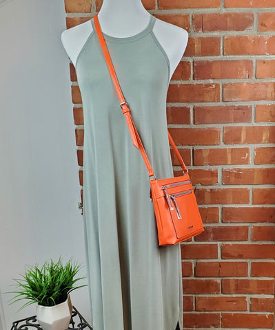 Sage Halter Maxi Dress with Nine West Orange Crossbody Bag   