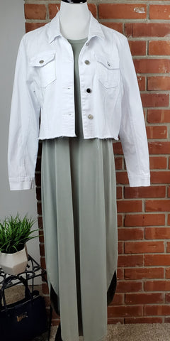 Sage Halter Maxi Dress with Bebe White Jean Jacket 
