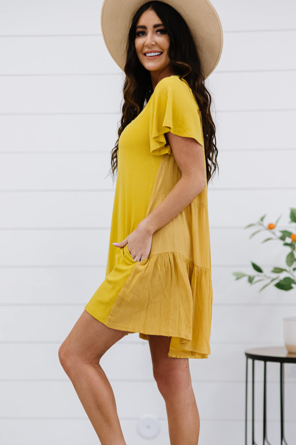 Mustard Flutter Sleeves Mini Dress