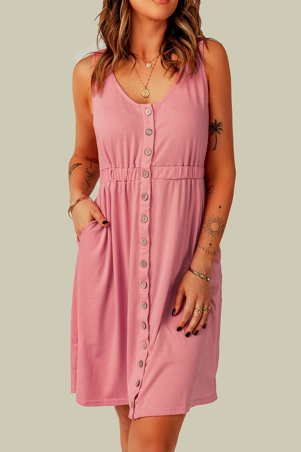 Sleeveless Button Up Mini Dress in Pink
