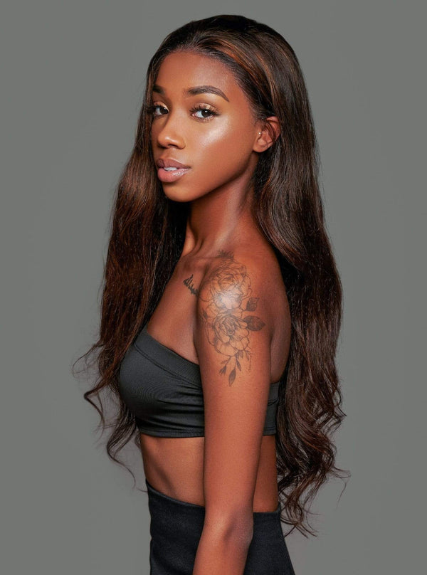 'Bottega' Human Hair Wig | Long Highlighted Brown Luxury Wig | Essence Luxe Couture Wigs