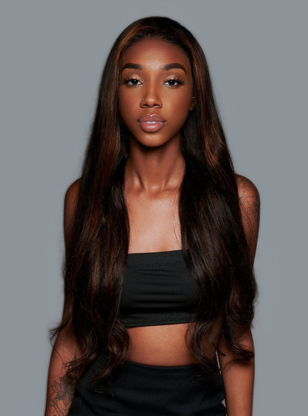 'Bottega' Human Hair Wig | Long Highlighted Brown Luxury Wig | Essence Luxe Couture Wigs