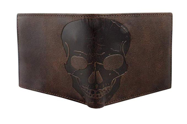 Unique RFID Blocking Skull Embossed Distressed Leather Bifold Gothic Slim Wallet In GIFT BOX by Corder London