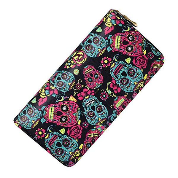 Laimi Duo Sugar Skull Wallet for Women Clutch Zipper Credit Card Holder Case Gift Purse