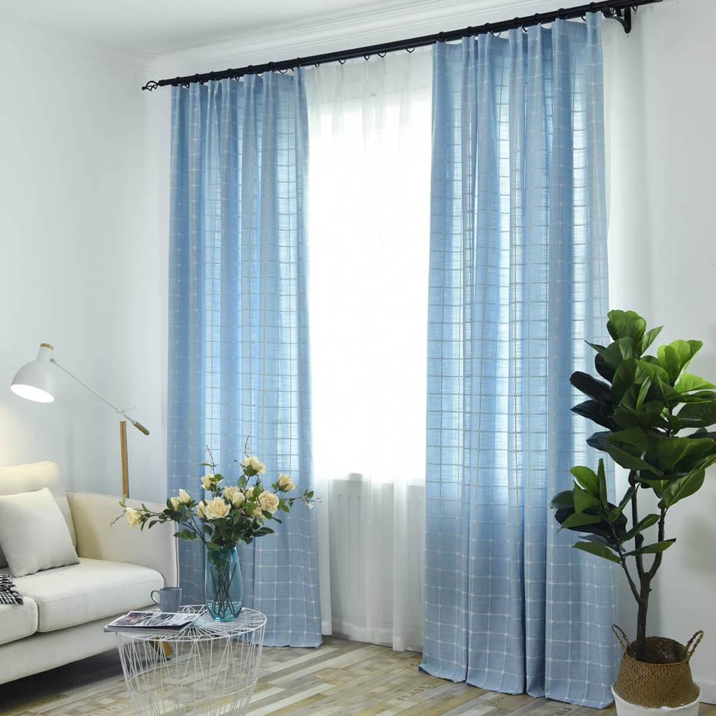 Plaid Embroidered Natural Linen Curtains For Living Room Anady Top