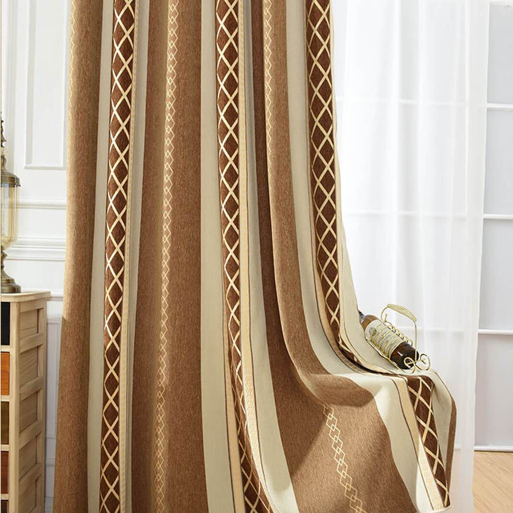 Brown Striped Chenille Blackout Curtains Eyelet Bedroom Drapes On Sale