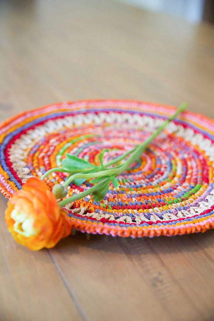 Rainbow Raffia Placemats, Boho Multicolor Natural Crochet Woven Placem