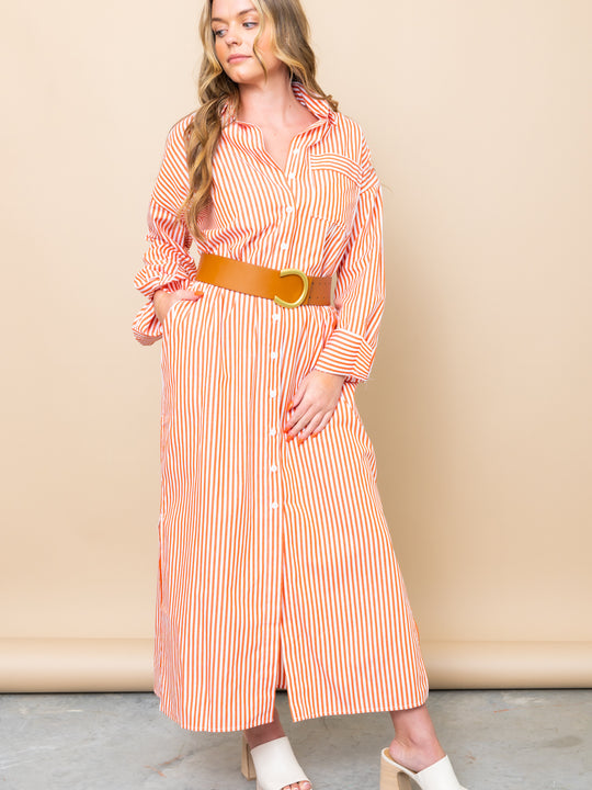 KARLIE Stripe Poplin Pocket Maxi Shirt