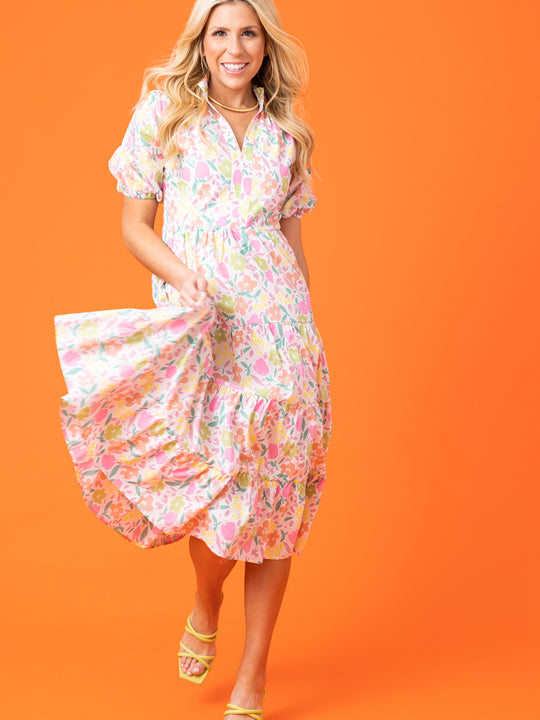 KARLIE Winnie Pastel Floral Tiered Midi Dress