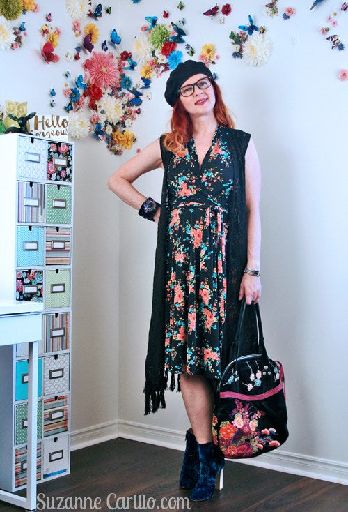 Suzanne Carillo in the Ruby dress in Black and Peach Vintage Floral 
