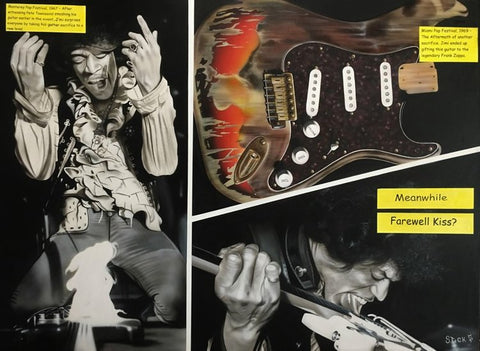 Painted image of Jimi Hendrix and his guitar