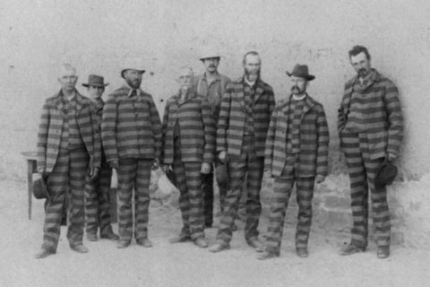 prisoners in Utah c 1885 wearing horizontally striped prison uniforms