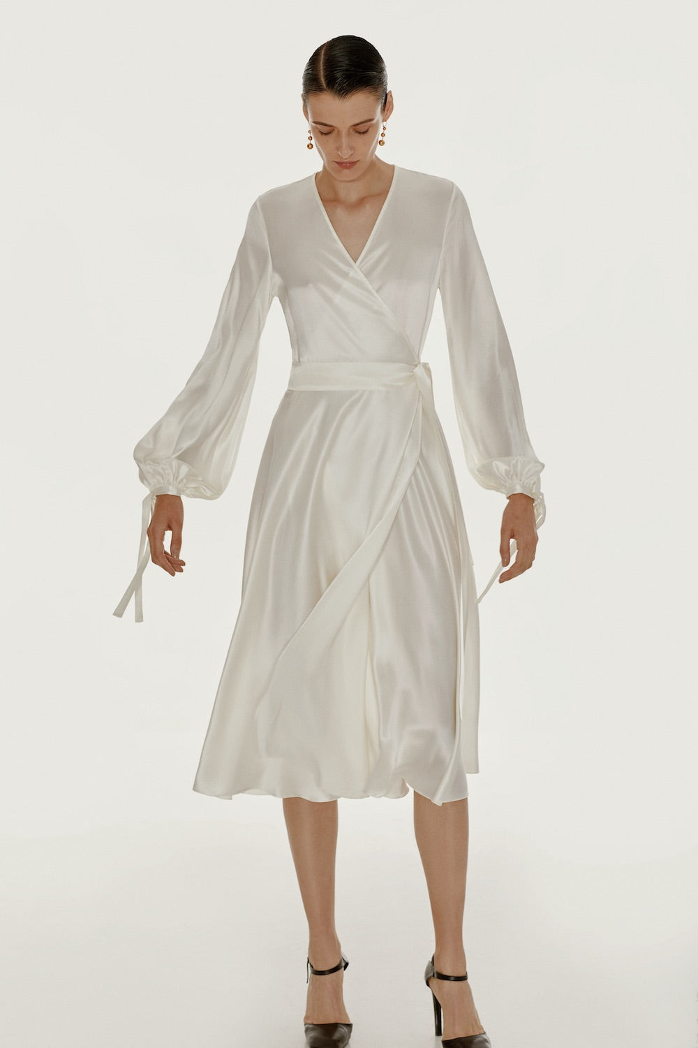 white silk wrap dress
