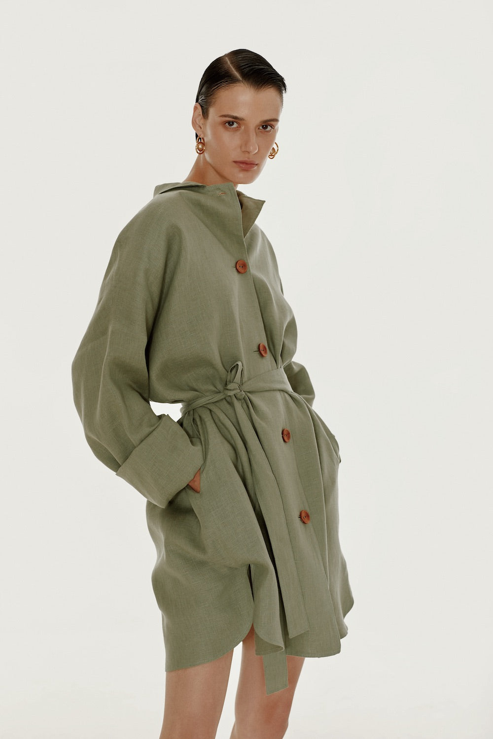 green linen shirt dress