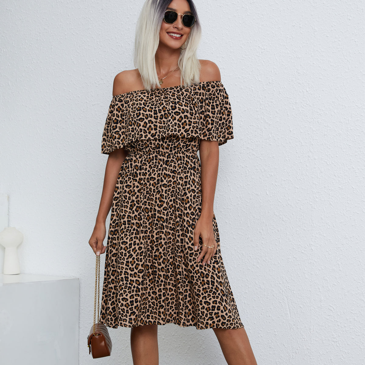 Off The Shoulder Leopard Print Casual Dress