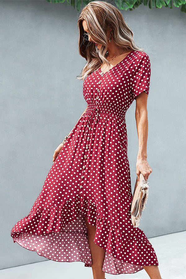 Fashion Dots Print High Waist V Neck Casual Dress